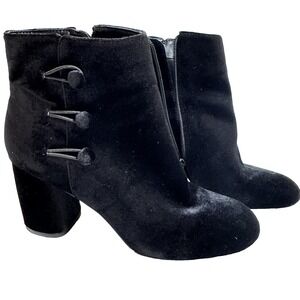 Nine West Khraine Black Velvet Ankle Boots 9M Block Heel‎ Side Zip Button Detail